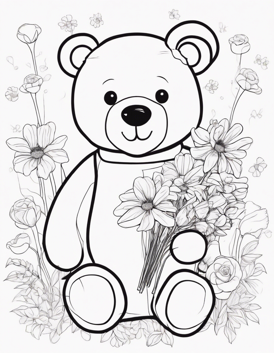 teddy bear holding flowers coloring page