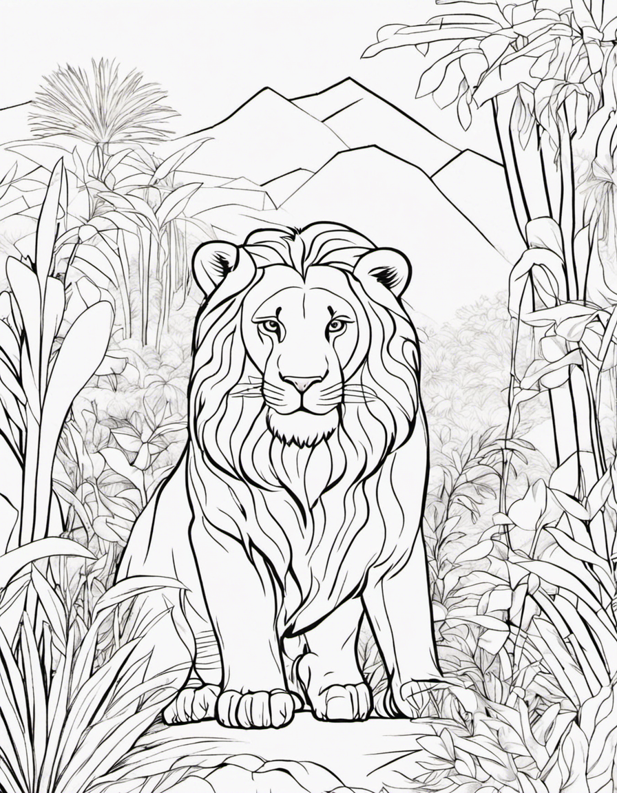 Lion in a jungle coloring page