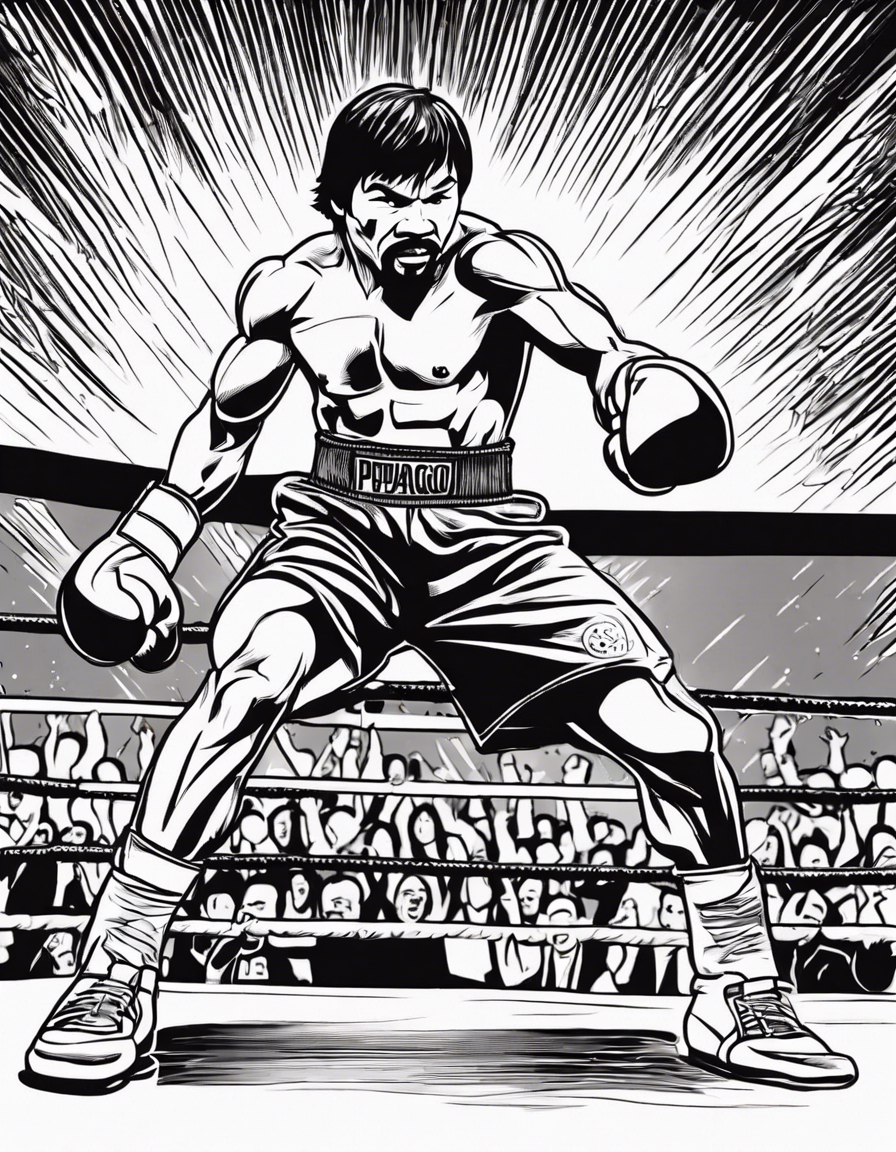 "A dynamic and action-packed black and white line art illustration of Manny Pacquiao in the boxing ring. Manny is shown delivering a powerful punch towards his opponent, his muscles tensed and his focus intense. The ring is surrounded by a roaring crowd, their cheers and excitement adding to the energy of the scene. The line art is suitable for coloring, with bold and energetic details that invite colorists to add their own sense of movement and intensity to the image. This coloring page captures the determination and skill of Manny Pacquiao, one of the greatest boxers of all time, and invites colorists to step into the ring and feel the thrill of the fight." coloring page