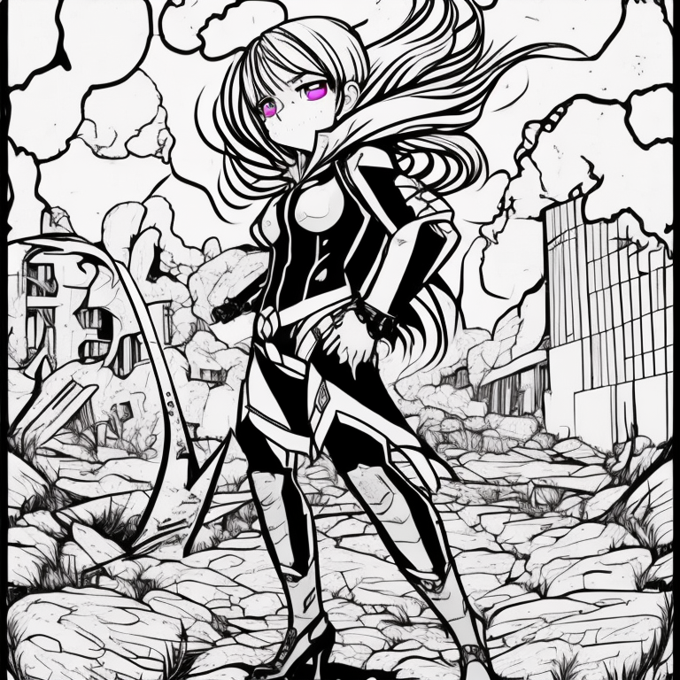 1girl, :D, apocalypse, Destroyed buildings, ruins, pink hair, purple eyes, white_dress, white thighhighs, high_heels, black collar, wet clothes,  large breasts, white panties, thick thighs, wide hips,gradient, perfect_lighting coloring page