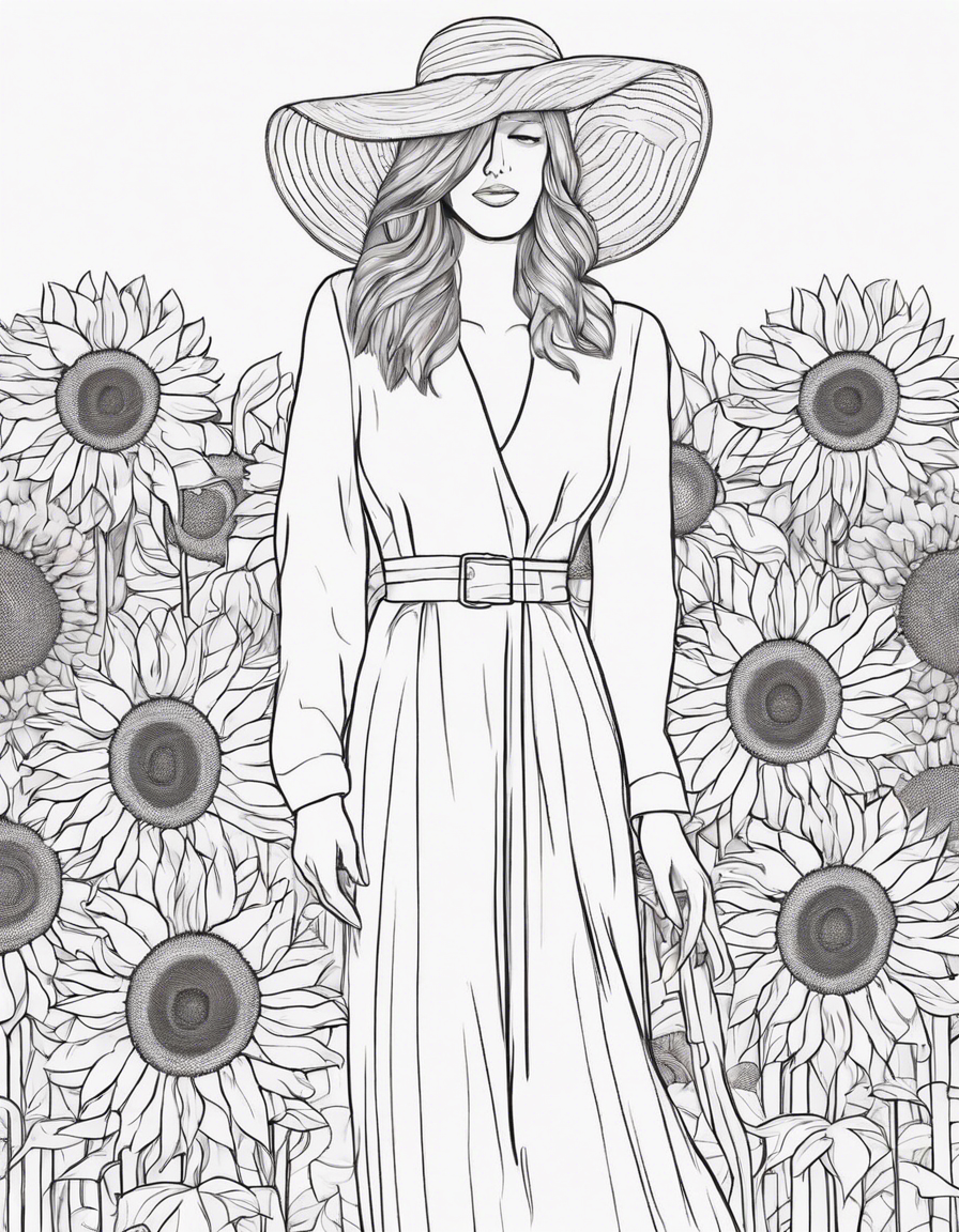 Flowing dress made of literal sunflowers coloring page