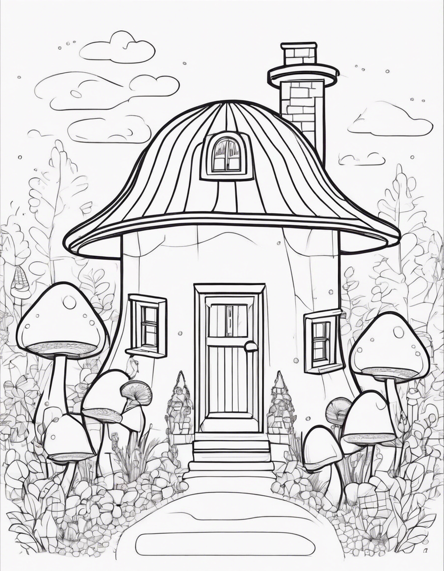 mushroom shaped house, cute coloring page