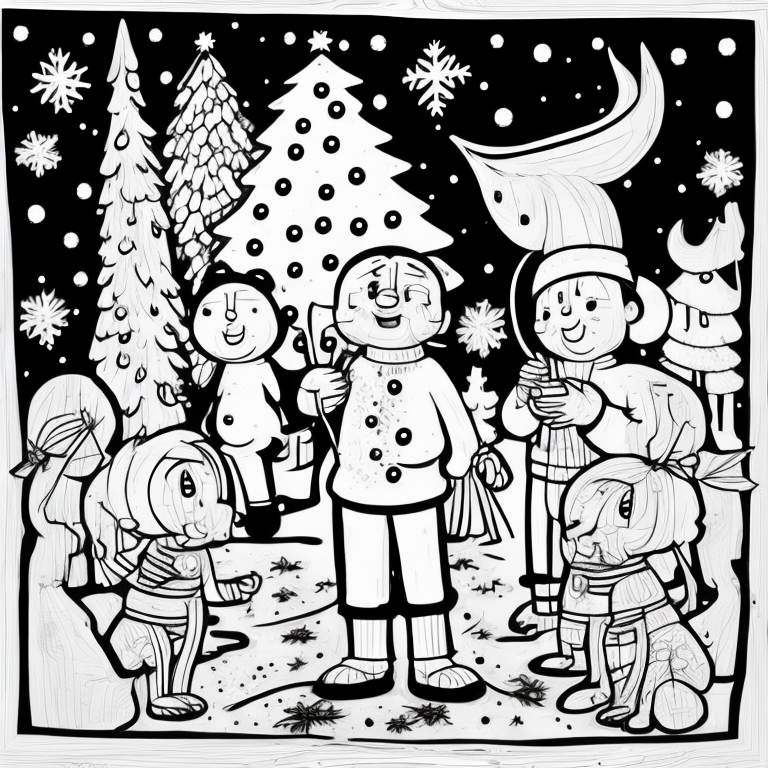 Illustrate a scene from India during Christmas, such as people decorating Christmas trees, singing carols, or exchanging gifts. coloring page