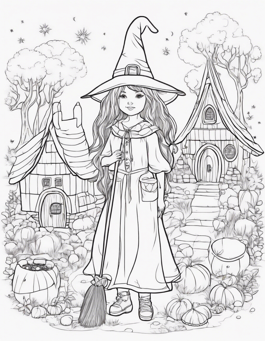 cute magical witch village coloring page