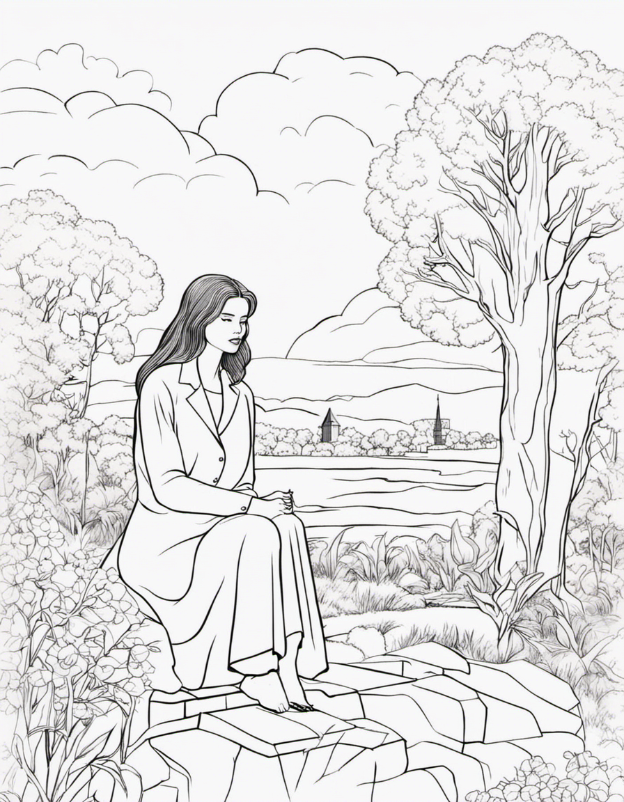 girl sitting beside a tree and a gravestone nature coloring page