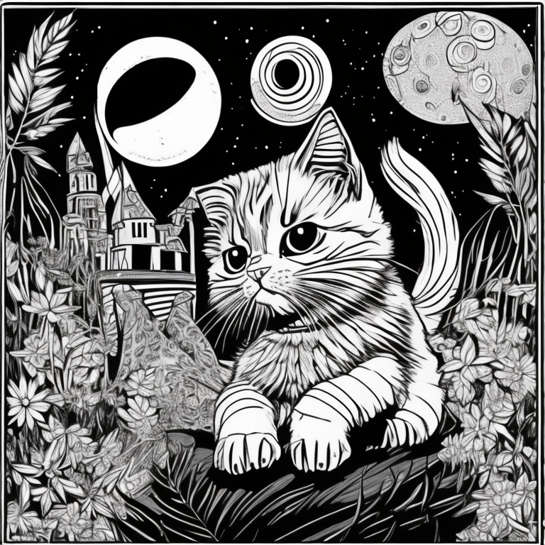 Crie uma imagem em preto e branco para colorir, apresentando o gato das sombras em uma rua vazia, iluminada apenas por luzes distantes. A noite é estrelada, e a lua cheia brilha no céu, mas evite sombras ou detalhes em cores. Desenhe o cenário noturno em estilo cartoon, com ênfase na postura confiante do gato e nos detalhes sutis do ambiente. Permita que os leitores expressem sua criatividade ao colorir à mão, dando vida à pelagem negra do gato e à atmosfera misteriosa da cena. coloring page