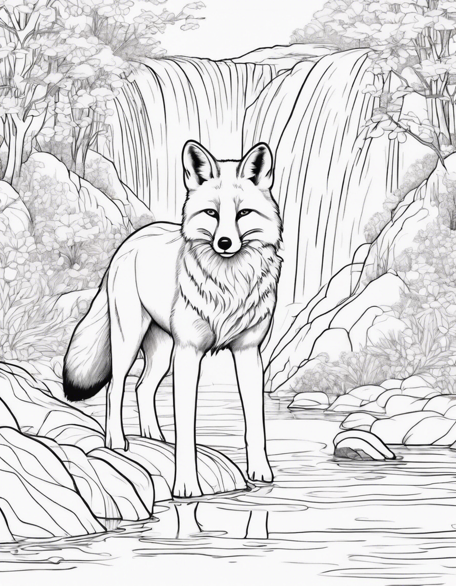 fox with waterfall behind him coloring page