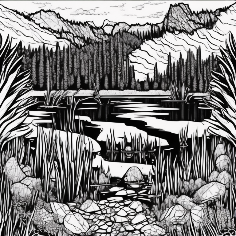 lago com arvores em volta preto e branco com fundo branco para colorir coloring page