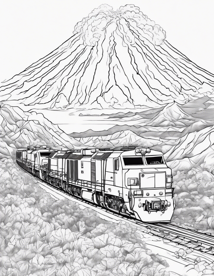 diesel train going through volcanoes coloring page