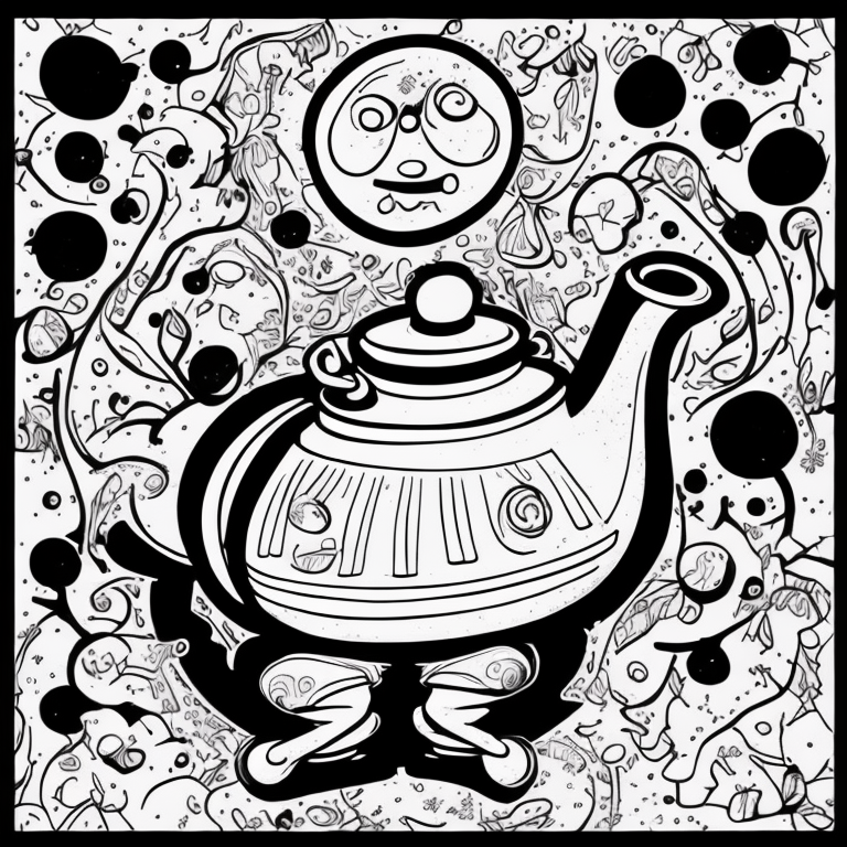 cute dancing teapot and plates on side coloring page