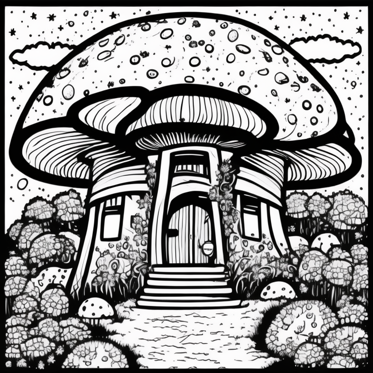 mushroom shaped house, cute coloring page