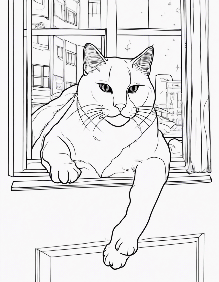 cat laying in a window coloring page