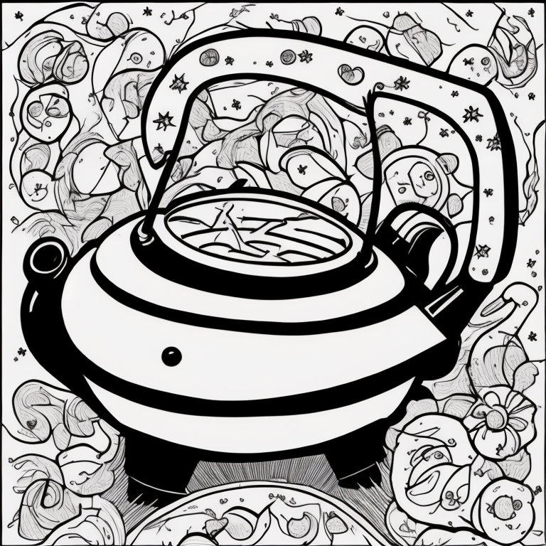 cute dancing teapot and plates on side coloring page