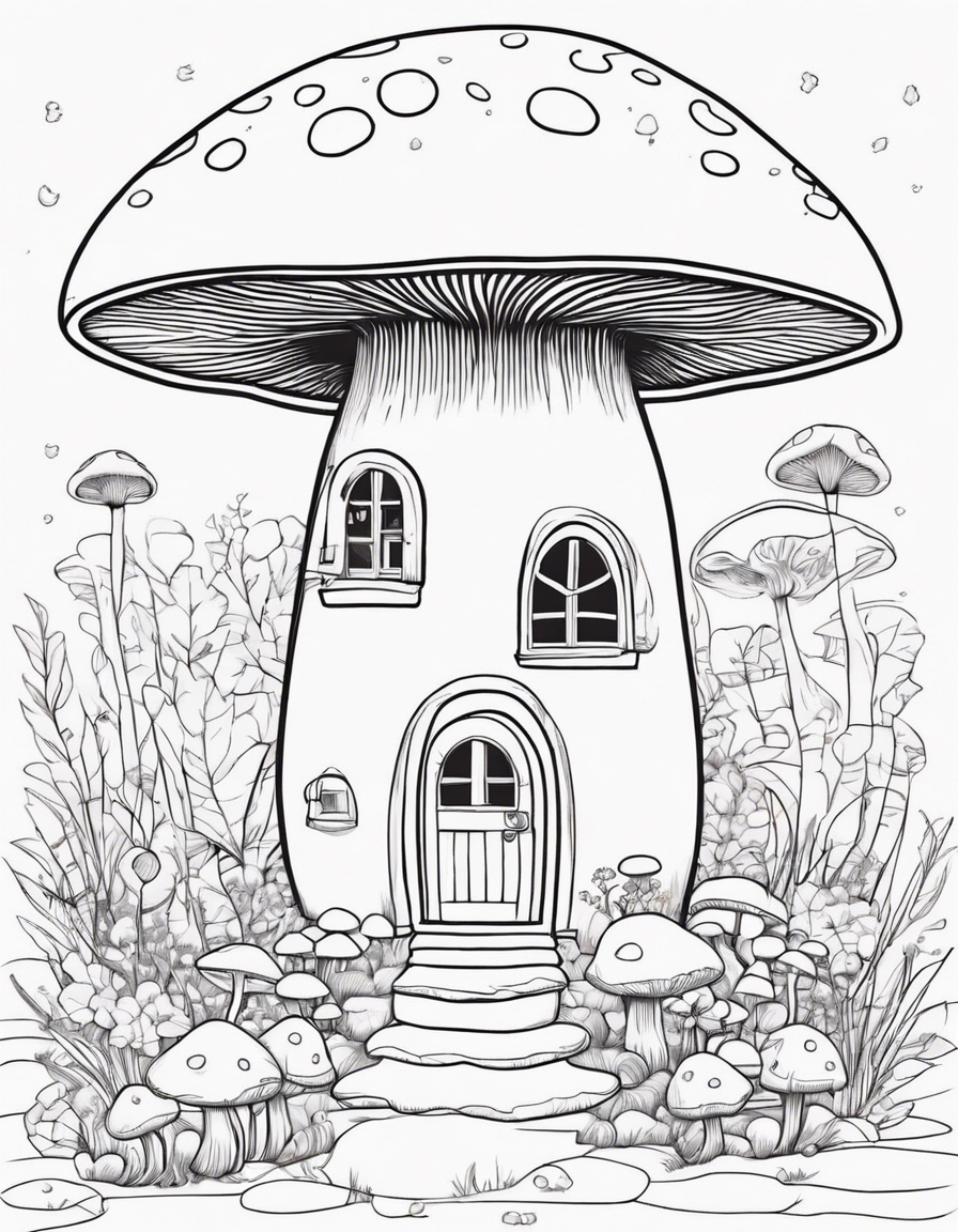 mushroom shaped house, cute coloring page