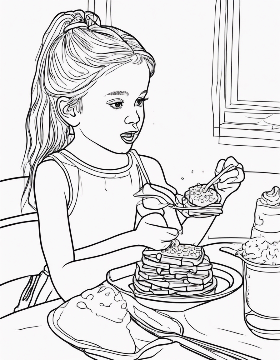 Little girl ballerina eating waffles coloring page