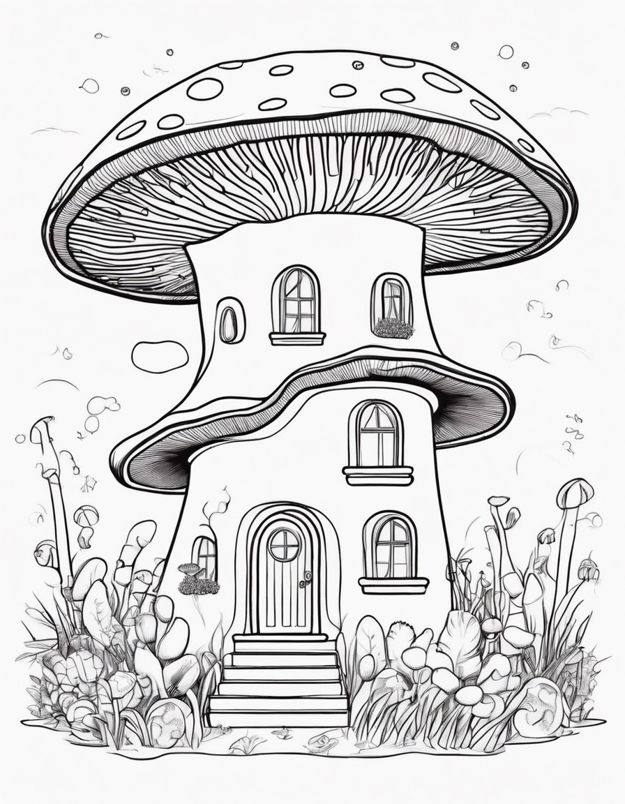 mushroom shaped house, cute coloring page