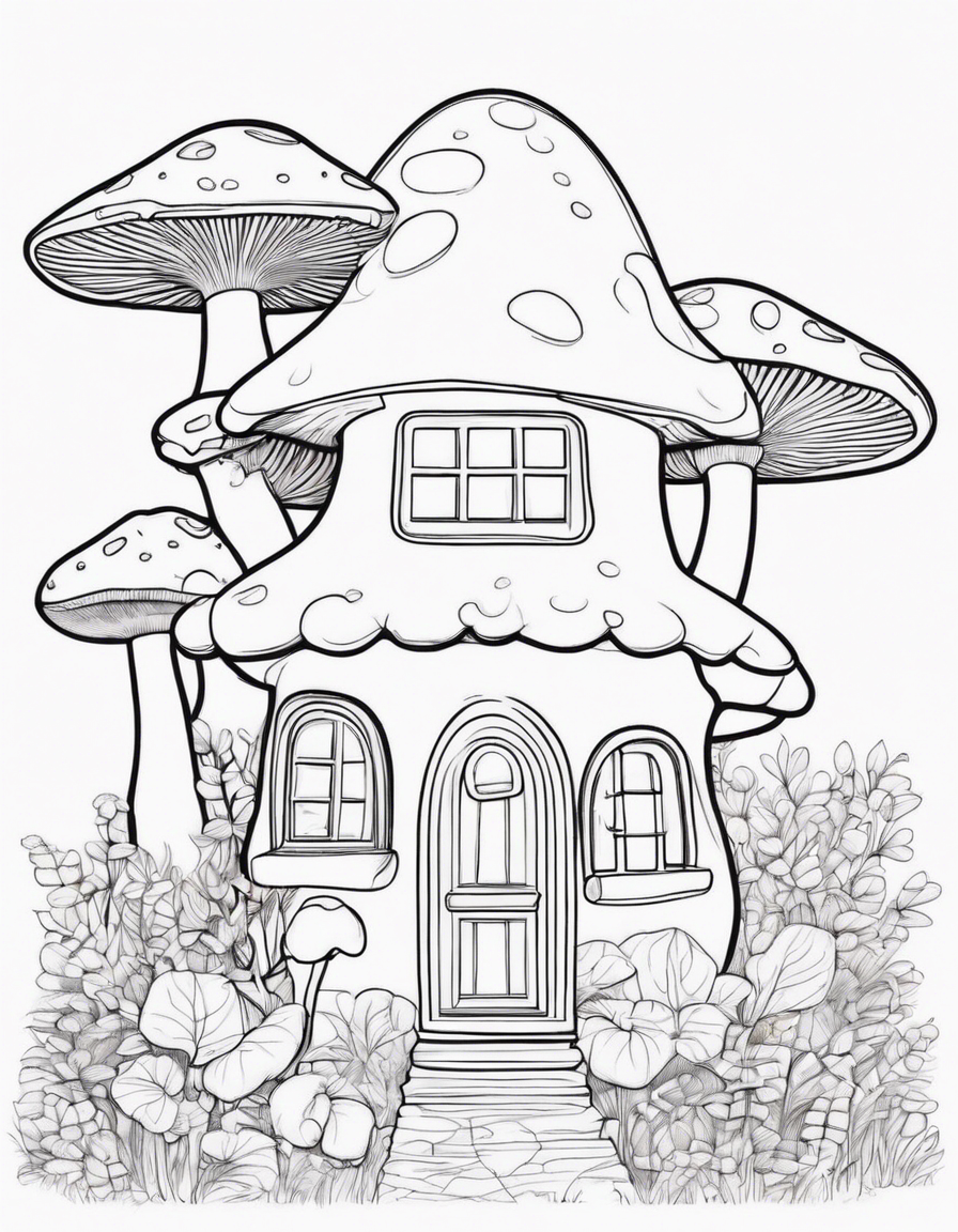 mushroom shaped house, cute coloring page