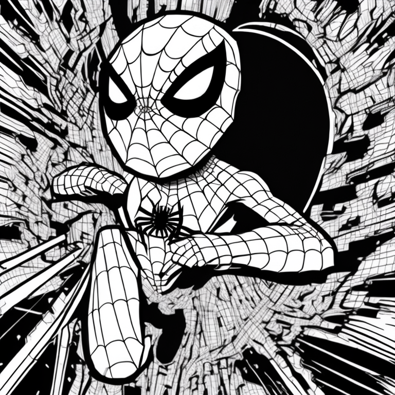 cartoon, spider man, no color, coloring page, black and white, thick lines, low detail, no shading coloring page