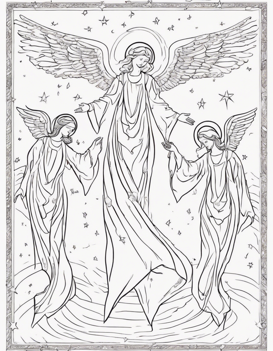 angelic beings gracefully dance among the stars, their flowing robes trailing behind them like comet tails. Each angel carries symbols of different religious faiths, signifying their role as messengers of divine unity and harmony. coloring page