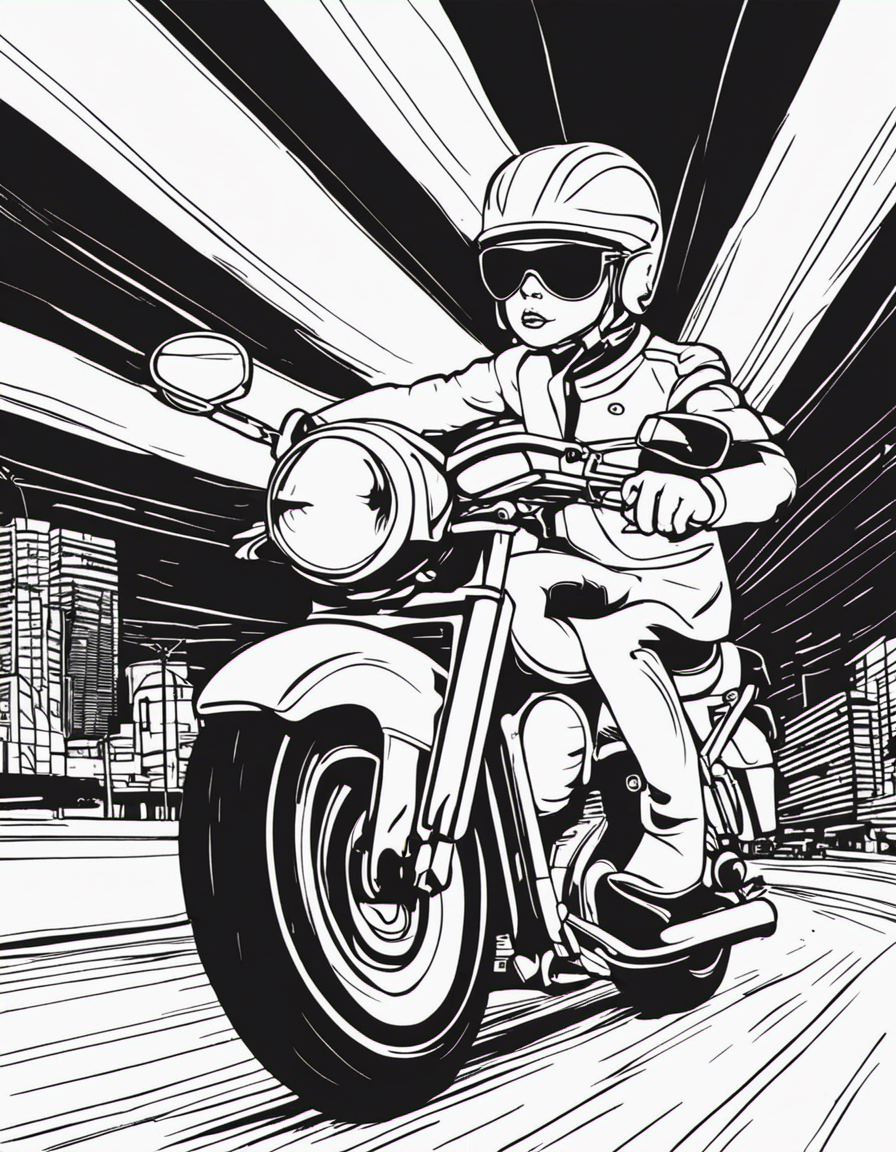 Portrait of cute, dalmatian dog riding a motorcycle coloring page