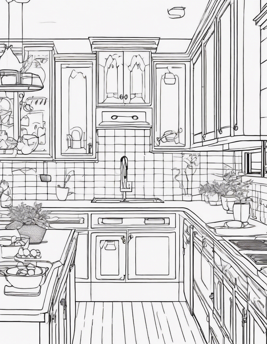 home interior design kitchen, aesthetic boho and Scandinavian design kitchen coloring book page, Coloring Page, black and white, line art, white background, Simplicity, Ample White Space. The background of the coloring page is plain white to make it easy for young children to color within the lines. The outlines of all the subjects are easy to distinguish, making it simple for kids to color without too much difficulty coloring page