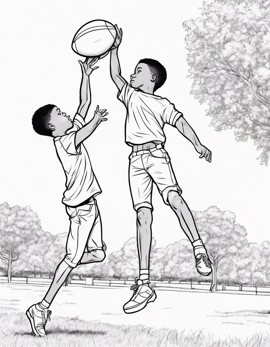 two boys young with hightop fade tossing an american football in the park no uniform coloring page