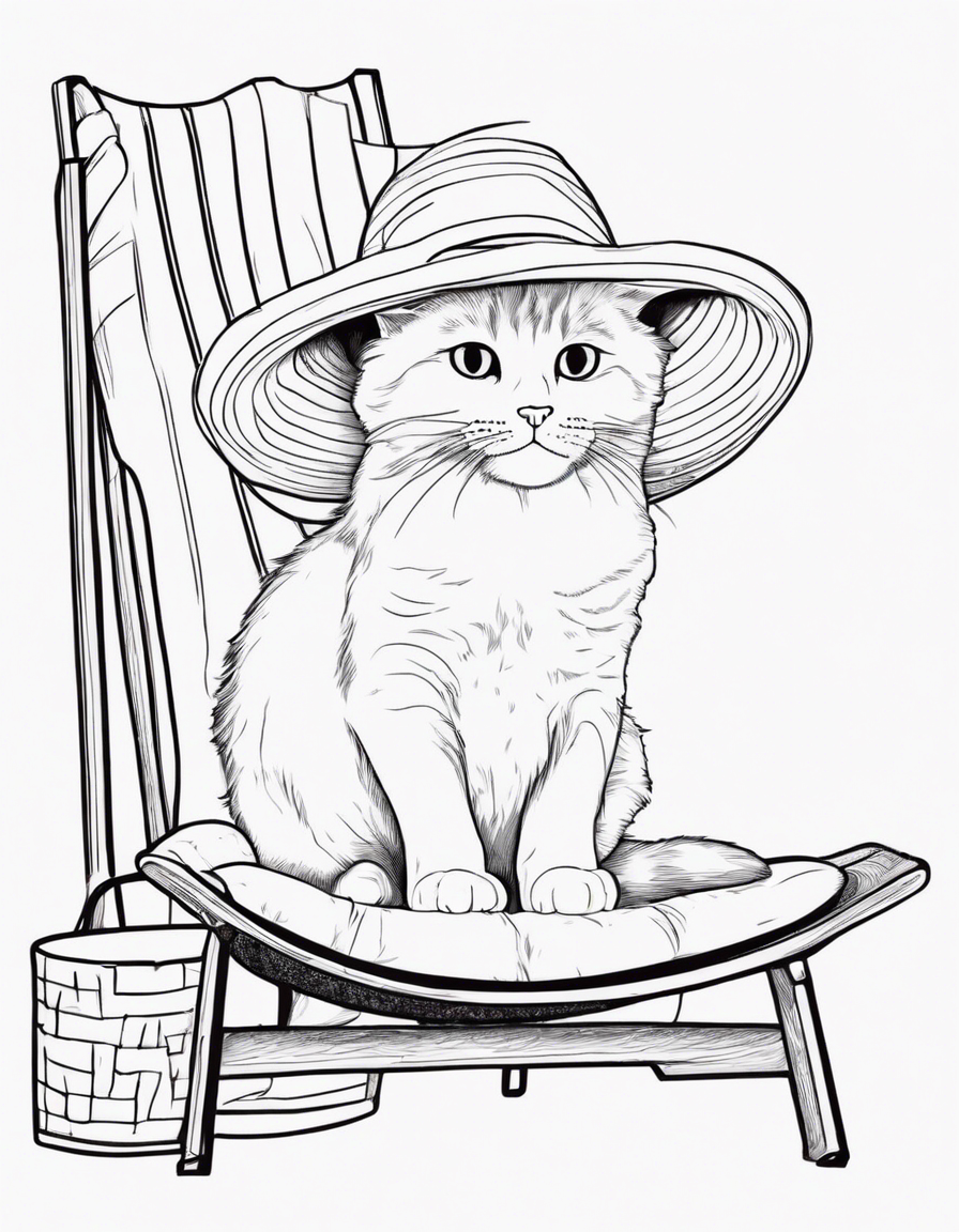 a cat with a banana hat sitting in a sunchair coloring page