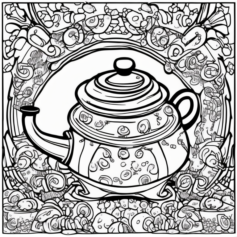 cute dancing teapot and plates on side coloring page