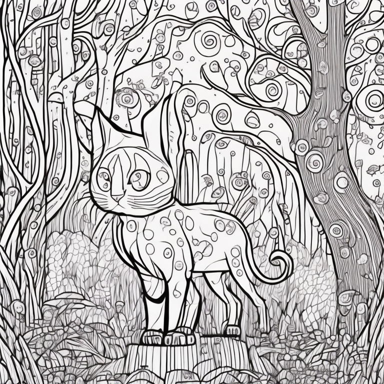 Design an adult coloring page portraying the shadow cat beneath a starlit sky within a mystical forest, where ancient trees stretch towards the heavens. Utilize a continuous line drawing style with simple lines, created for easy coloring while preserving a realistic appearance. Convey the enchantment of a cosmic connection and the wonder of nature's embrace through delicate details and a serene ambiance. Present the image in black and white against a white background, harmonizing with the prevailing aesthetic trends embraced on platforms like ArtStation. Ensure a clear focus and intricate composition, offering colorists an immersive and meditative coloring experience.