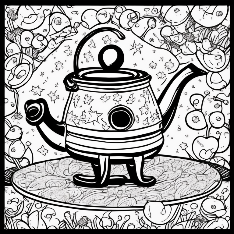 cute dancing teapot and plates on side coloring page