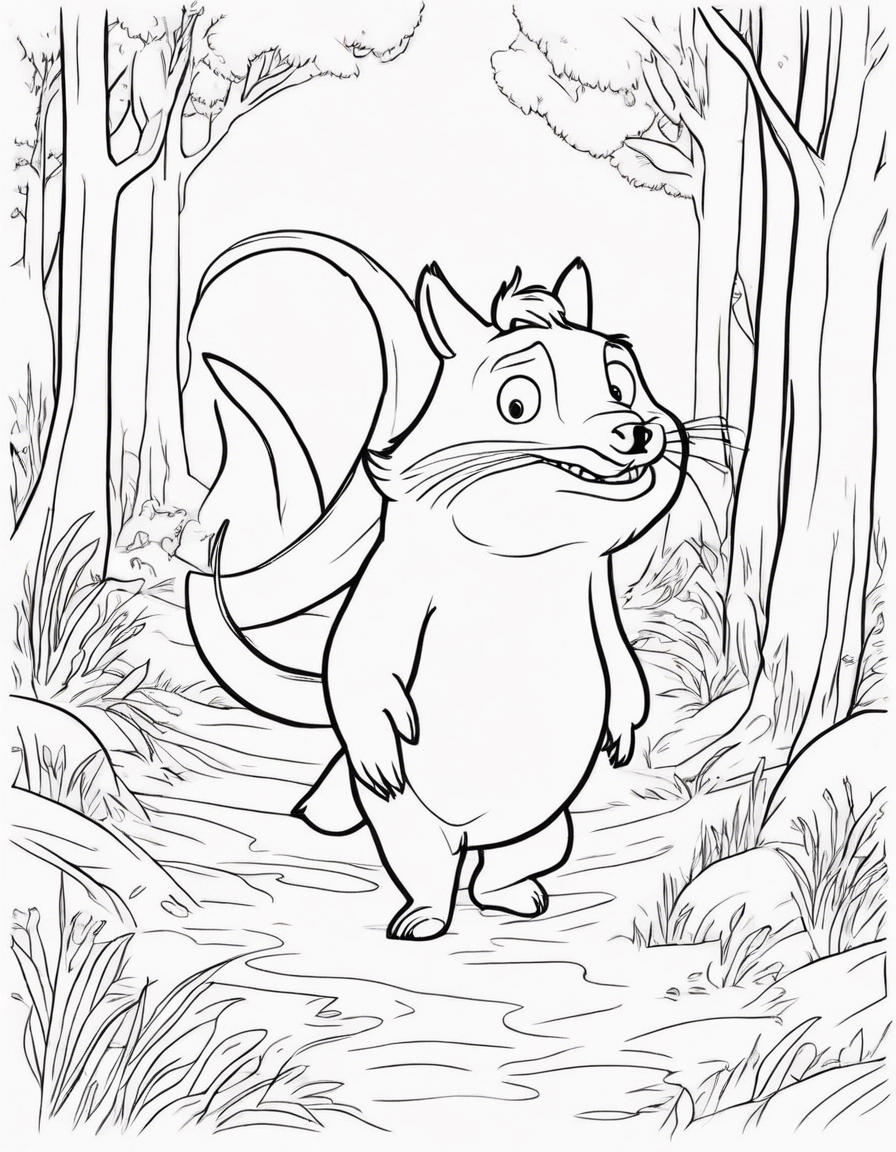 gruffalo and fox and snake running away scared of mouse coloring page