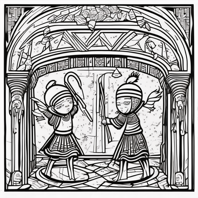 egiptian palace, inner courtyard, two children play coloring page