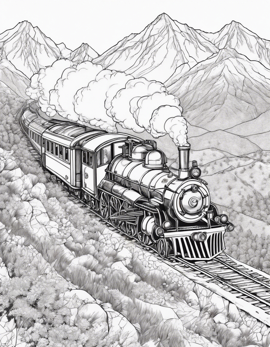 steam train in the mountains coloring page