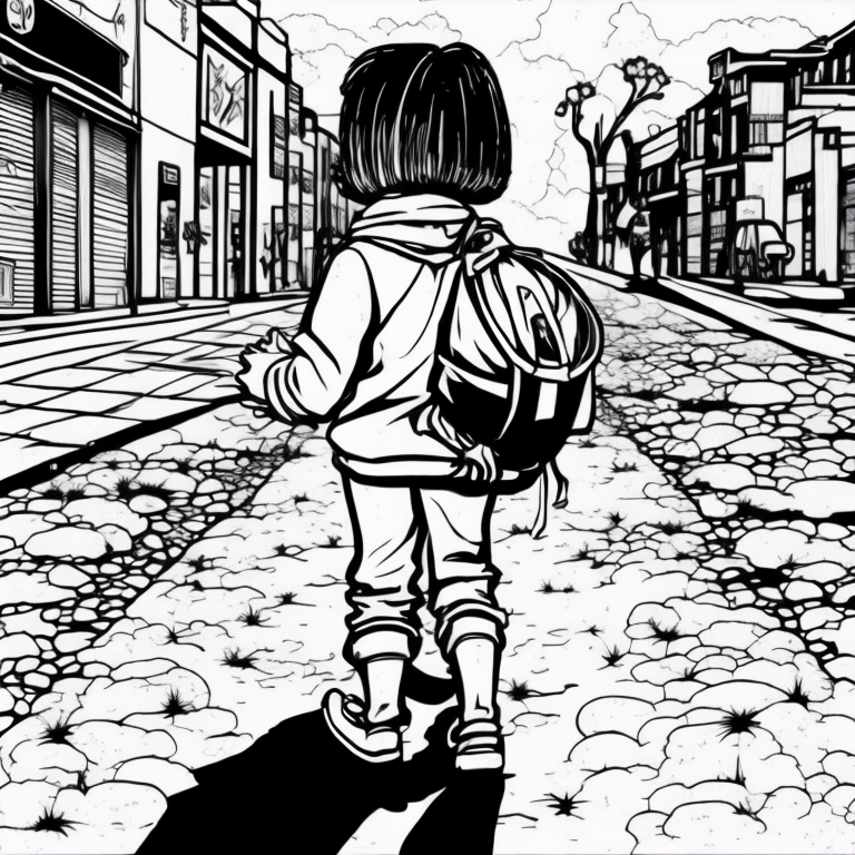 girl walking with her backpack down a street children's cartoon style