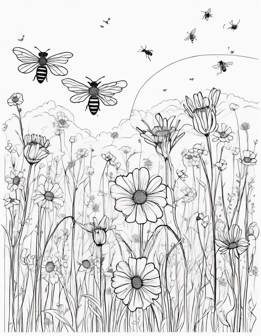 Flower meadow: A meadow filled with wildflowers in bloom and buzzing with bees. coloring page