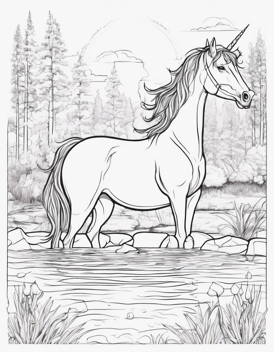 left facing boho style unicorn drinking water from a quiet river with one sun in the sky, white background, line drawing, --ar 2:3 coloring page