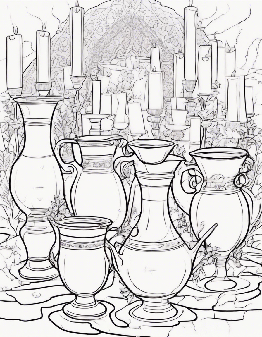  Festive wedding scene in Cana. Highlight for Jesus, Mary and disciples. Six stone pots to represent transformation. Mystical touch with soft colors. Visual transformation of water into wine. Details of the cups being filled. Expressions of gratitude from guests. coloring page