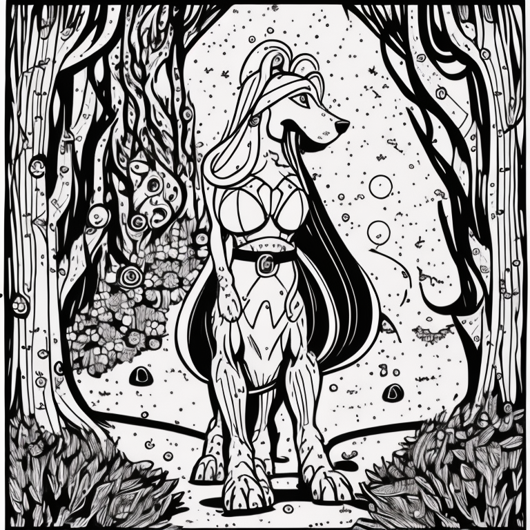 Image of a princess named Ariel who got lost in a magical forest with her dog Slinky. Black and white image with no shadows and only outlines