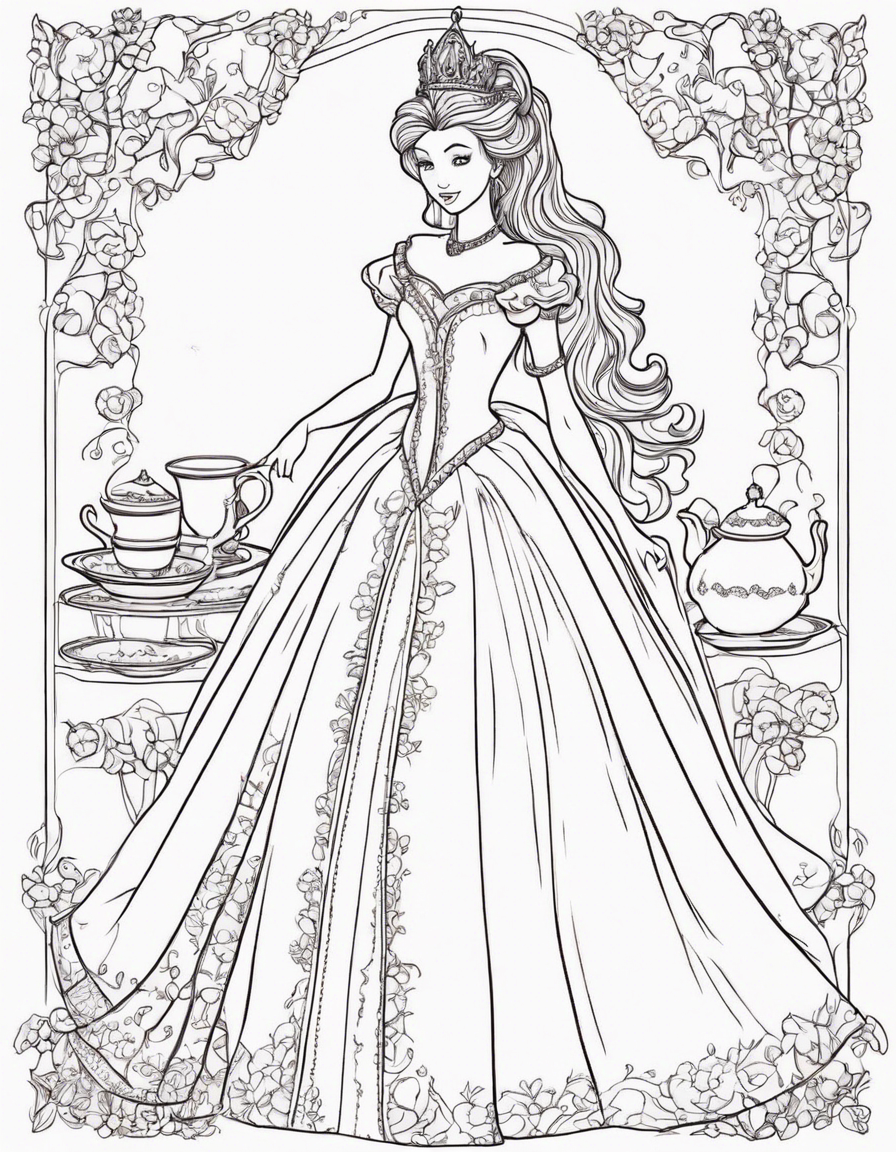 Princess: The central figure of the illustration should be a princess drinking tea or holding a cup. She can be depicted wearing a beautiful gown or dress, with a crown or tiara on her head to signify her royalty. Tea Set: Include a tea set with a teapot, teacup, and saucer. The tea set can be ornate and elegant, reflecting the princess's refined taste. Flowers: The illustration should have an abundance of flowers surrounding the princess. Use a variety of colorful flowers like roses, daisies, tulips, and lilies to create a vibrant and enchanting atmosphere. Tea Party Setting: Create a cozy and picturesque scene by including a table or picnic blanket with a floral tablecloth where the princess can enjoy her tea. Add teacups, plates, and utensils to enhance the tea party ambiance. Nature Elements: Incorporate natural elements like trees, bushes, grass, or a meadow in the background to give the illustration depth and context. This will also complement the princess's surroundings in the flower-filled environment. Butterflies and Birds: To add an extra touch of whimsy, include butterflies fluttering around the flowers or birds perched on branches nearby. This will bring life to the illustration and create a sense of movement. Delicate Details: Pay attention to small details, such as the princess's facial expression, hair, and clothing details. Add intricate patterns to her attire or jewelry to make her look regal and elegant. Soft Color Palette: Opt for a soft and pastel color palette to maintain a gentle and dreamy atmosphere. Light pinks, purples, and blues can be used for the princess's dress and the flowers, while greens and browns can be used for the natural elements. Error-Free Execution: Ensure that the design is meticulously executed, with clean lines, smooth color transitions, and attention to proportion and perspective. Avoid any glaring errors or inconsistencies that may distract from the overall beauty of the illustration. coloring page