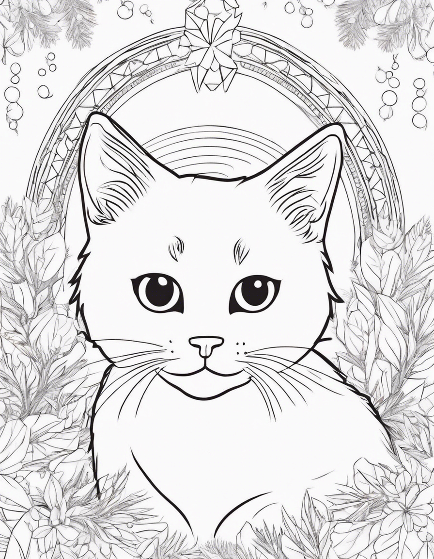 a cute cat christmas theme coloring page