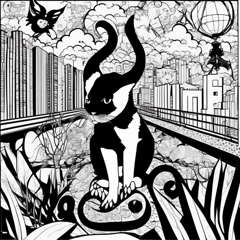 Desenhe o gato das sombras em preto e branco em uma ponte suspensa sobre um rio noturno. A imagem deve ser simples, sem sombra ou tons, para que possa ser colorida. (Imagem em preto e branco para colorir.)