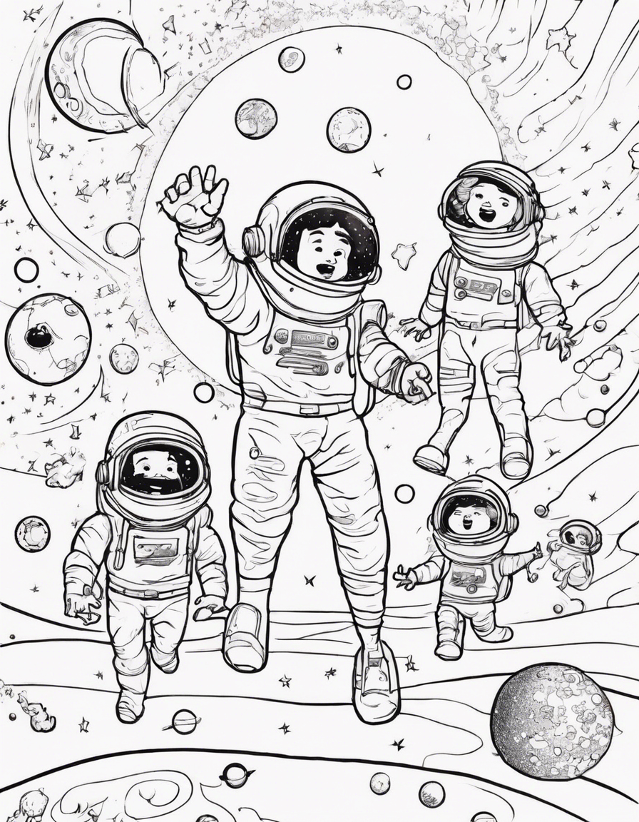 The space explorers join aliens of all shapes and sizes in a series of wacky space Olympics. They race on rainbow planets that bounce, compete in zero-gravity bubble blowing, and participate in a cosmic talent show featuring singing meteor showers and juggling asteroids. coloring page