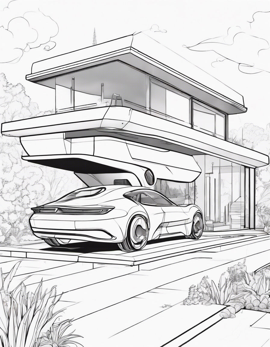 futuristic house with a floating car coloring page