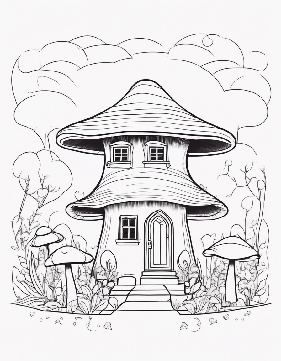 mushroom shaped house, cute coloring page