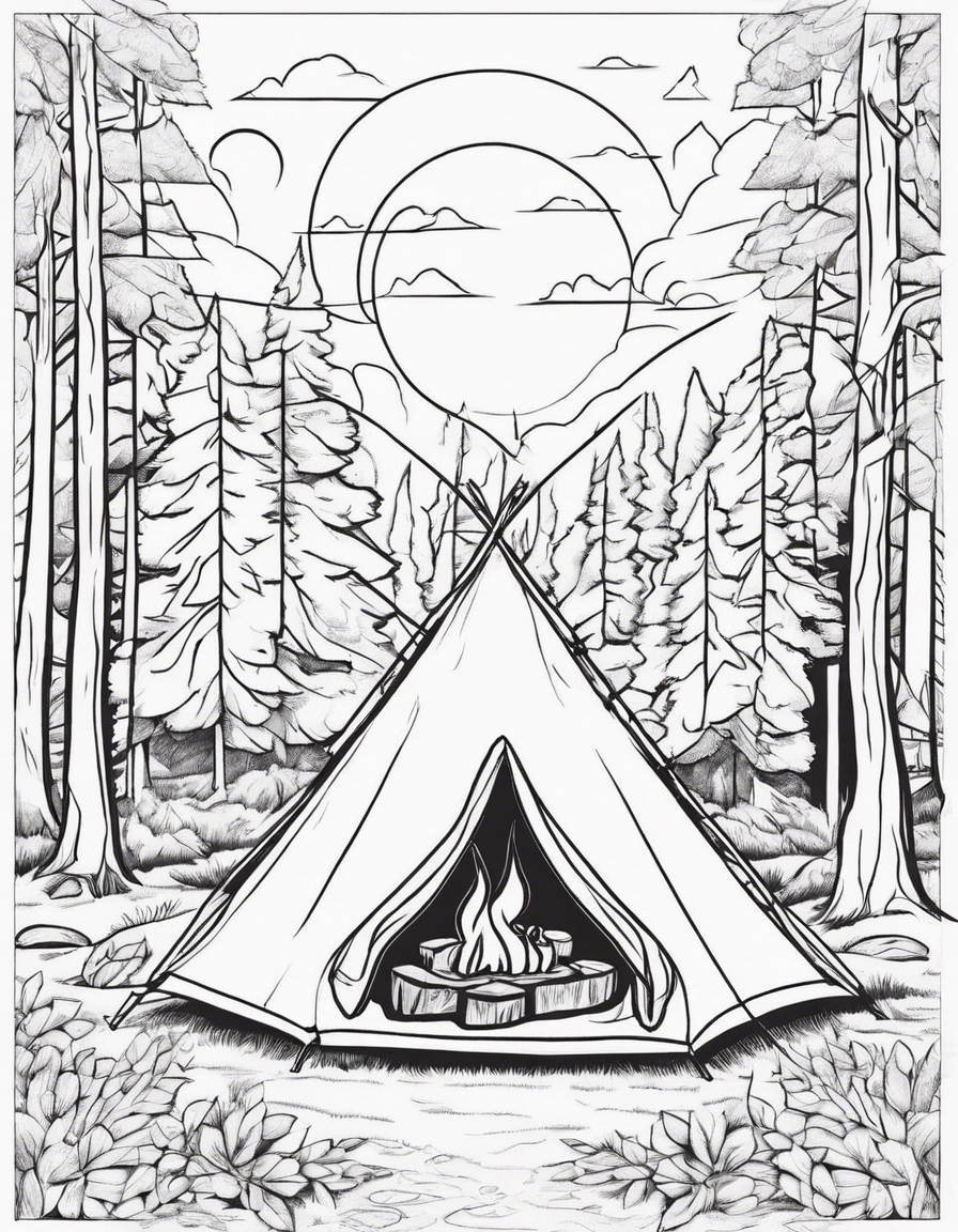 a camping tent in the woods with a campfire near it coloring page