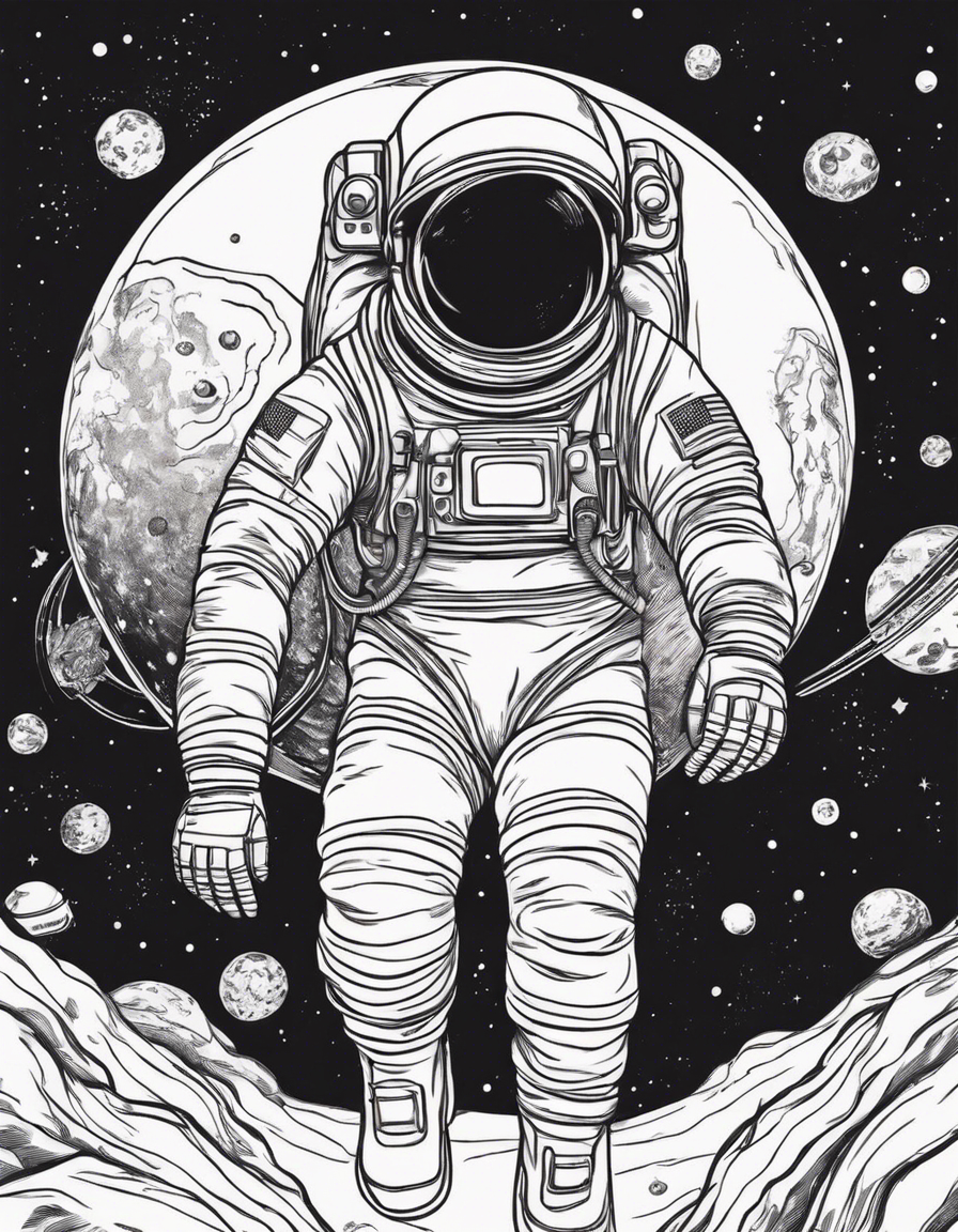 ASTRONAUT IN THE SPACE FLOTING coloring page