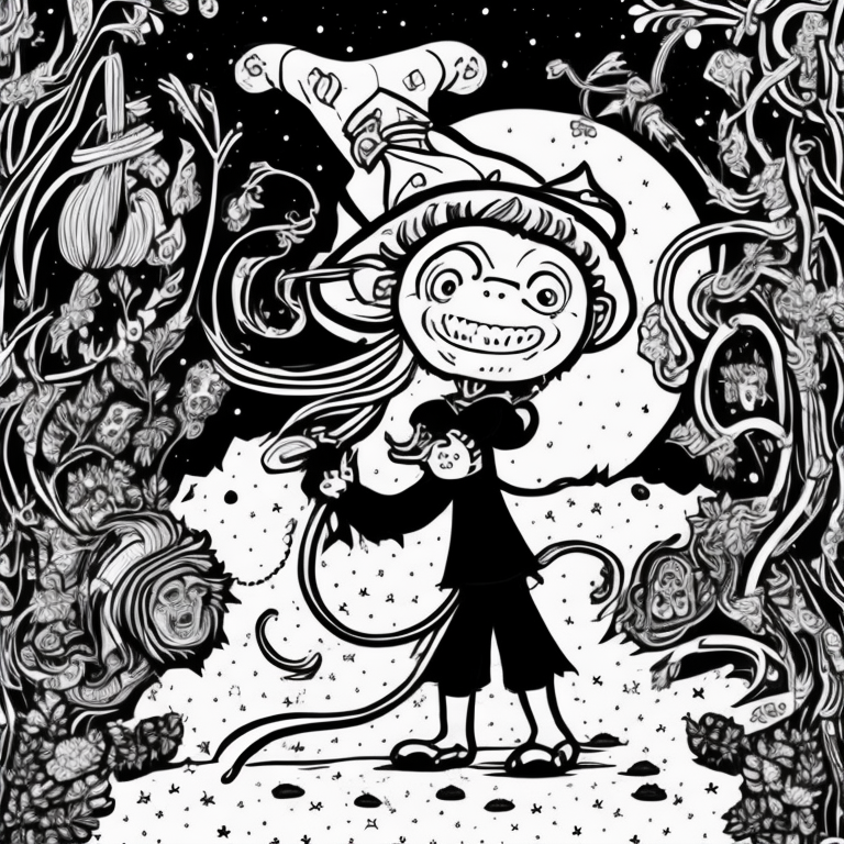 a witch with a monkey backpack coloring page