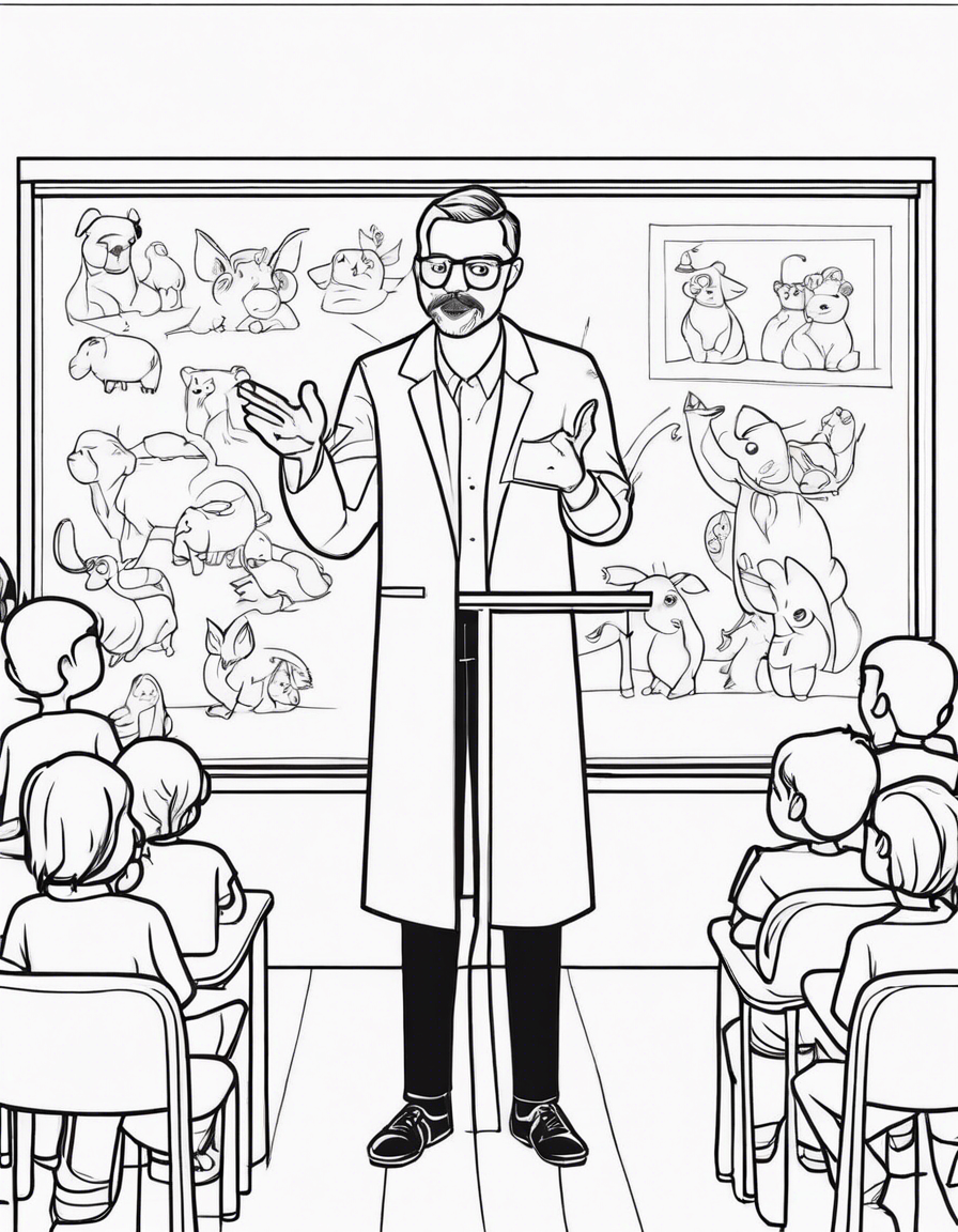 A teacher lecturing a classroom of animals  coloring page