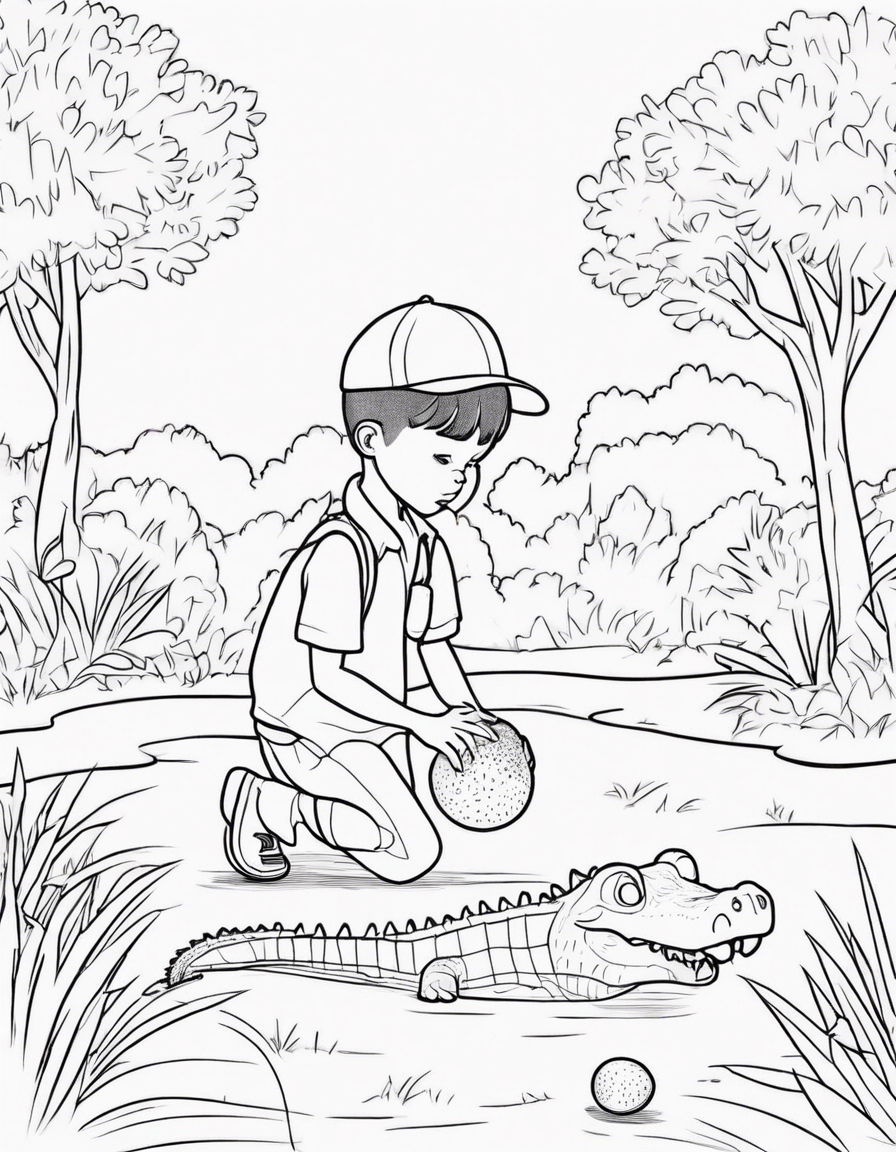 small boy in park finds a crocodile egg in park coloring page