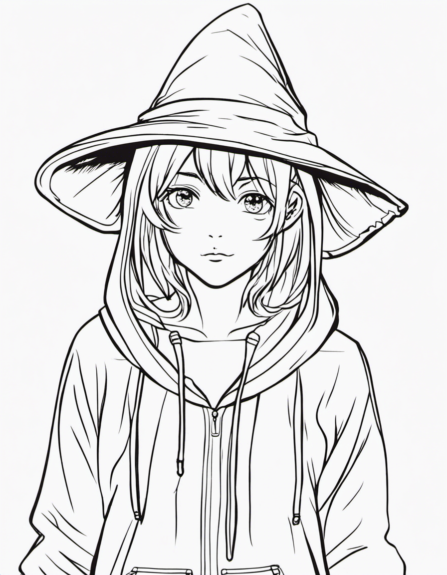 anime girl in hoodie and witch hat, cute coloring page